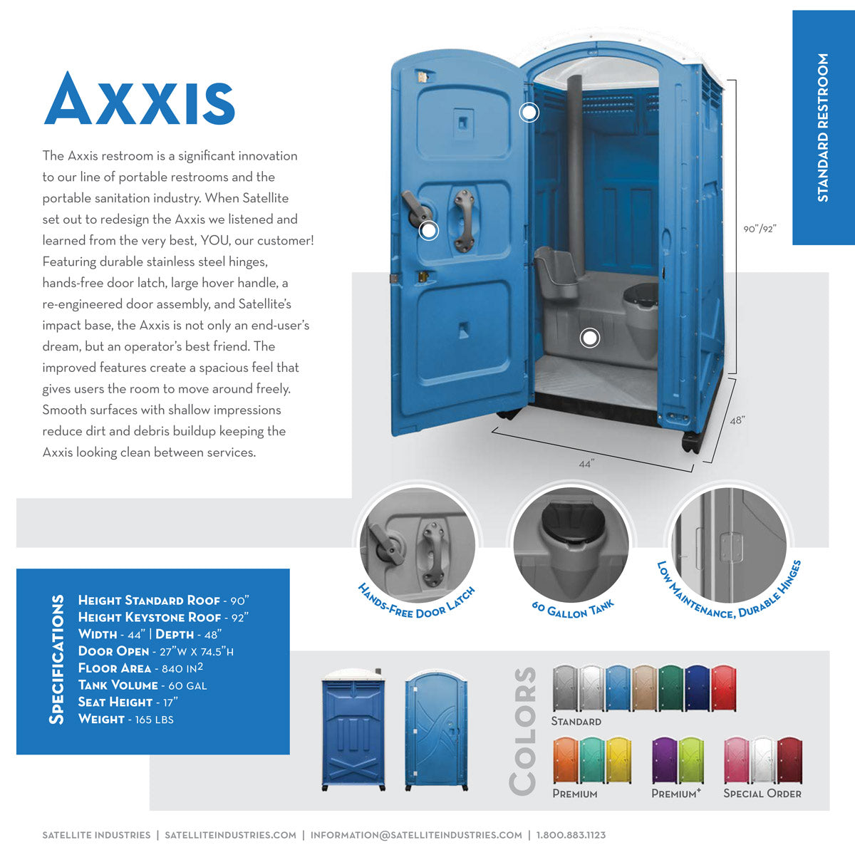 Portable Restroom (Satellite Axxis 1) Heavy Duty Self Closing Hinges, 60 Gallon Waste Tank