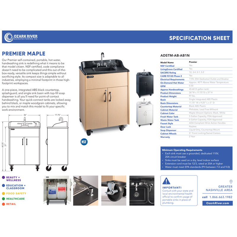 Ozark River ADSTM-AB-AB1N Premier Maple, 37.25" Adult Height Portable Sink, ABS Countertop