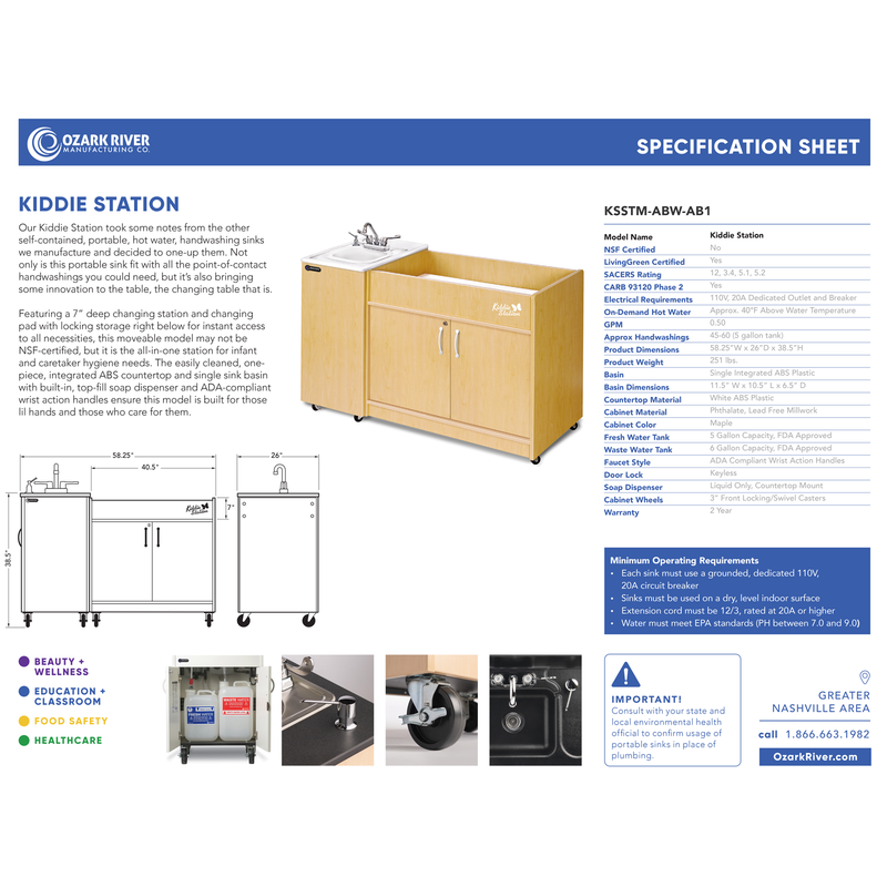 Ozark River KSSTM-ABW-AB1 Kiddie Station, 39" Adult Height Portable Sink, ABS Countertop