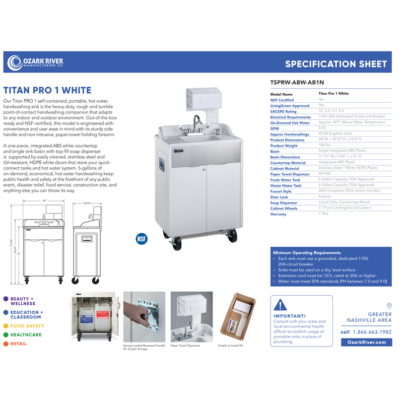 Ozark River TSPRW-ABW-AB1N Titan Pro White, 37.50" Adult Height Portable Sink, ABS Countertop